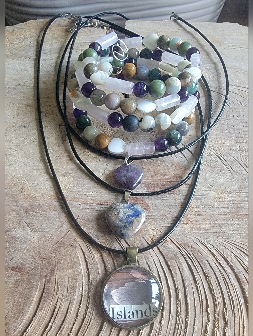 Handcrafted Mult-stone Wire Wrapped Bead Bracelet & Heart Pendant Necklaces